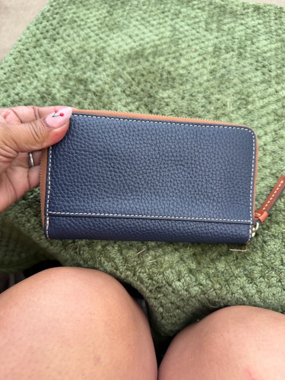 Dooney & Bourke Navy Pebble Leather Zip Wallet with Tan Trim - Picture 3 of 6